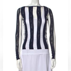 •   SportMax Navy Striped and Sheer Mesh Bateau Neck Shirt